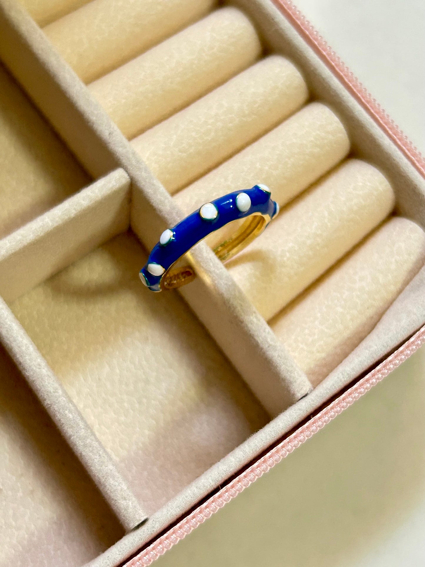 Blue and White Enamel Adjustable Ring