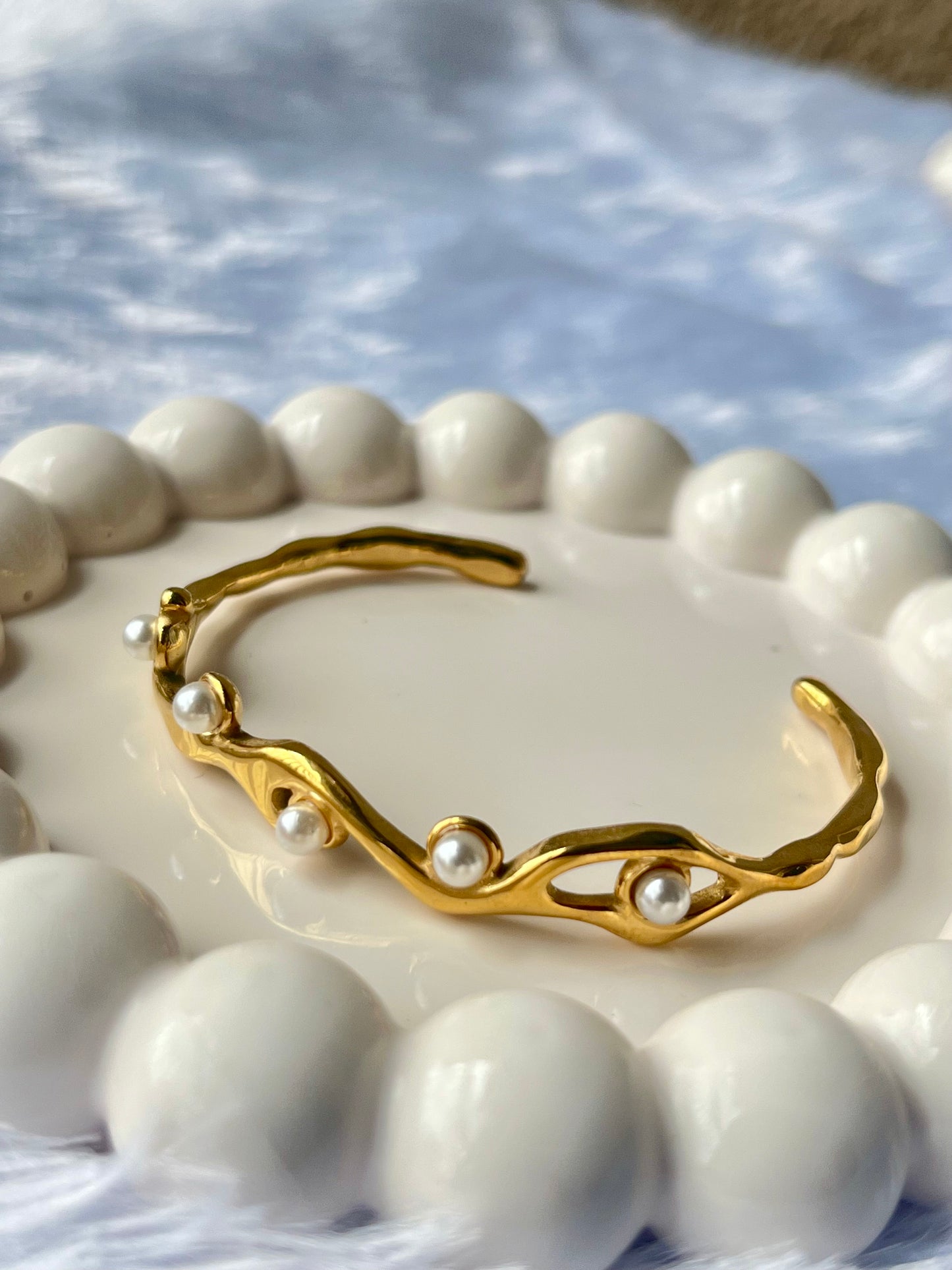 Pearl Open Bangle Bracelet Anti Tarnish