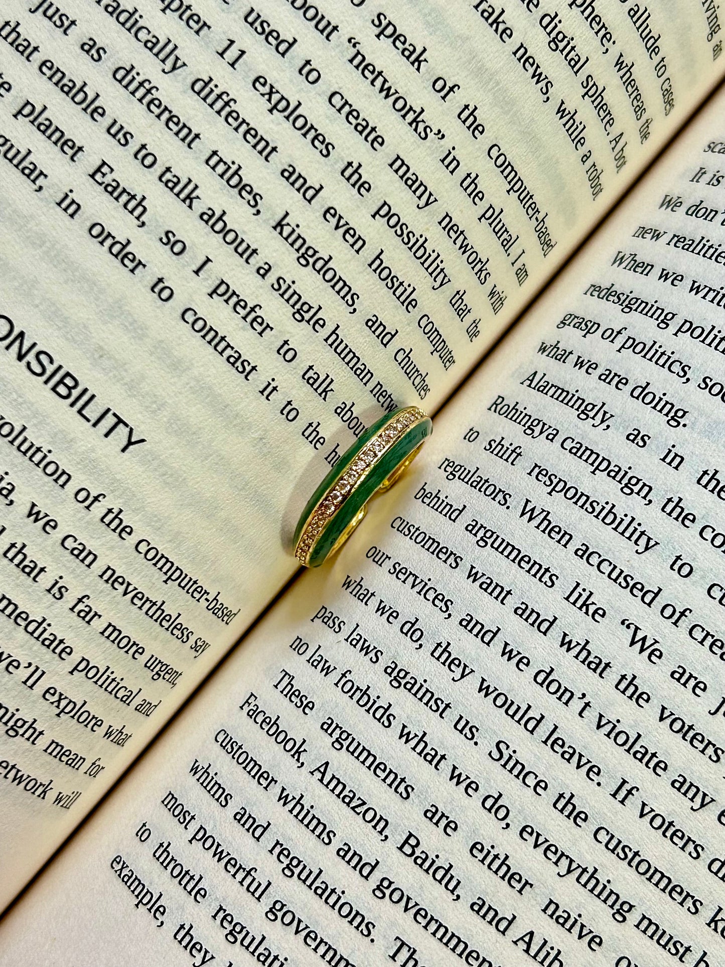 Green Enamel with Diamond Adjustable Ring