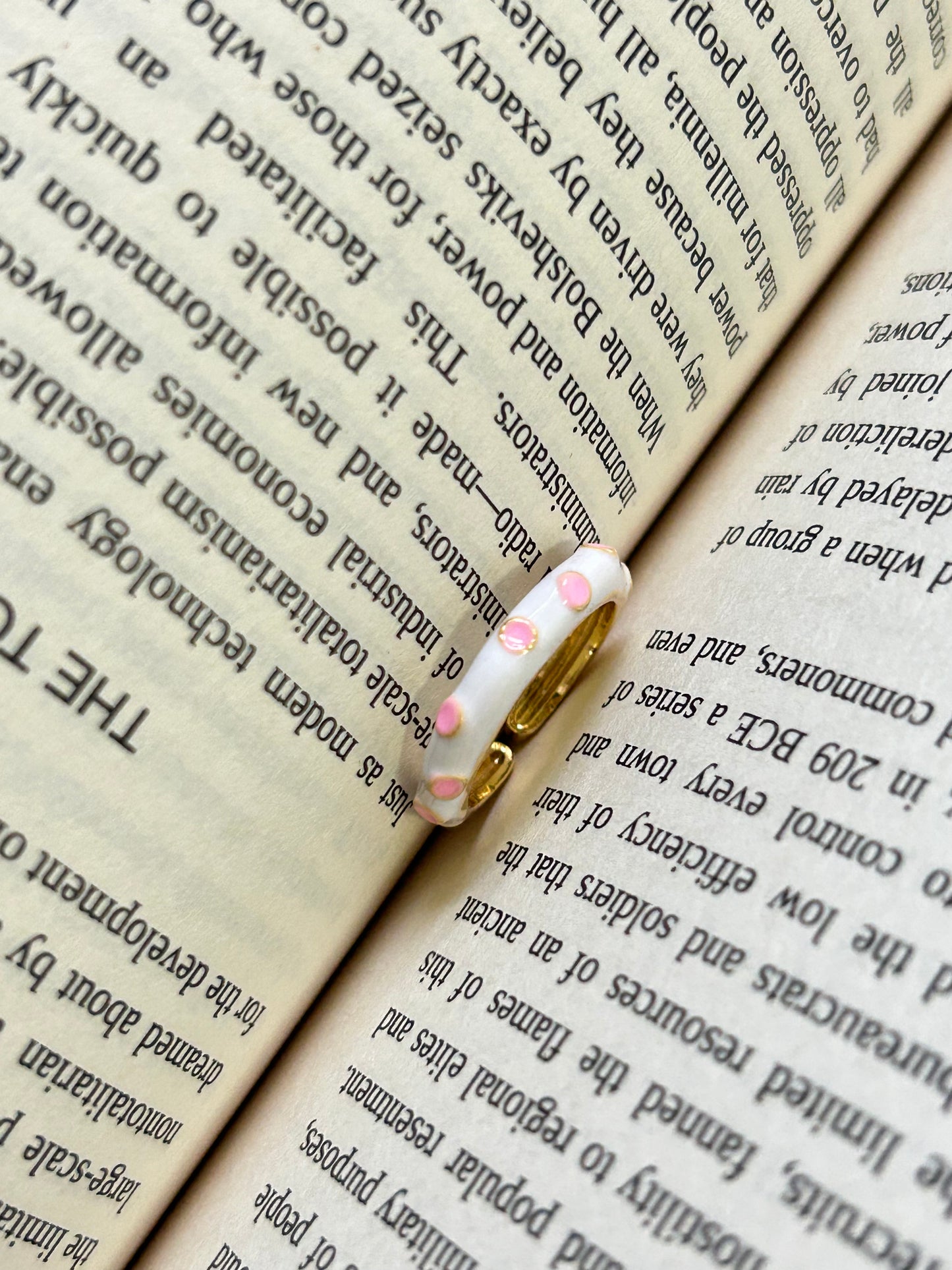 White & Pink Enamel Adjustable Ring