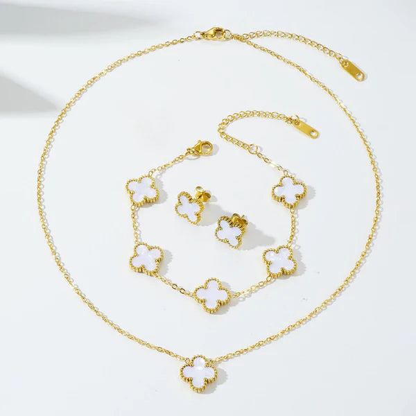 Gold Plated Set Of White Anti Tarnish Clover Jewellery Set For Girls And Women