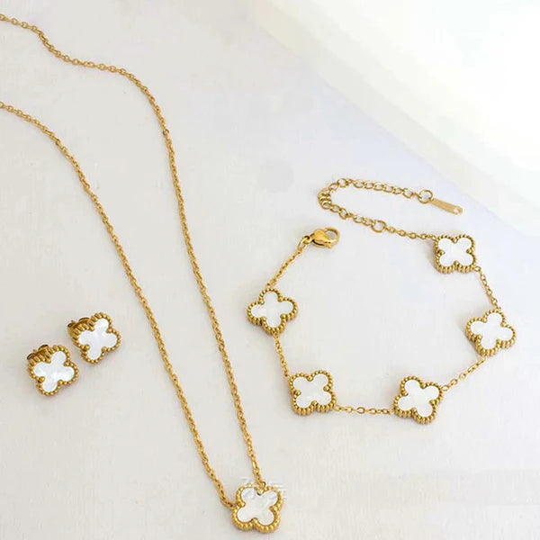 Gold Plated Set Of White Anti Tarnish Clover Jewellery Set For Girls And Women