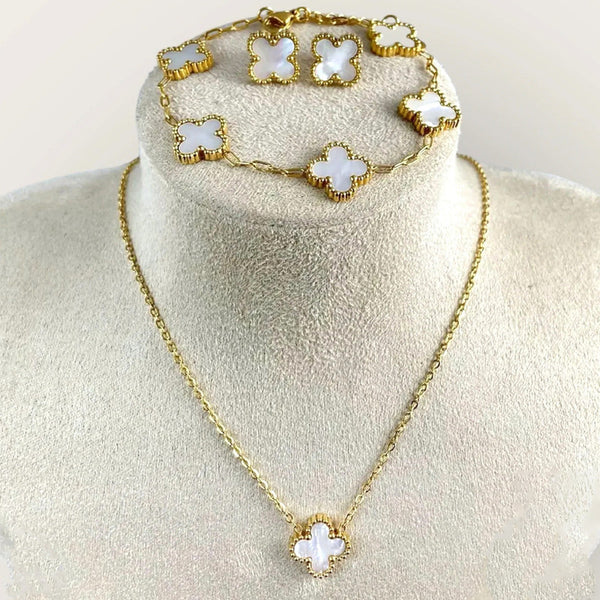 Gold Plated Set Of White Anti Tarnish Clover Jewellery Set For Girls And Women