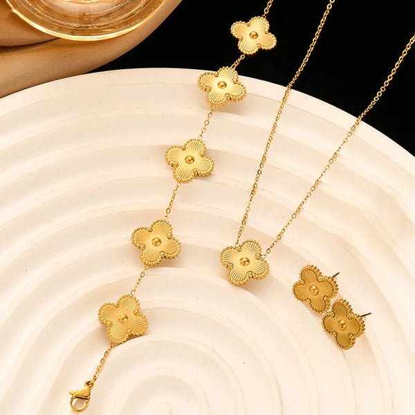 Gold Plated Set Of Gold Anti Tarnish Clover Jewellery Set For Girls And Women