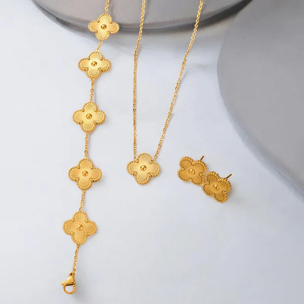 Gold Plated Set Of Gold Anti Tarnish Clover Jewellery Set For Girls And Women