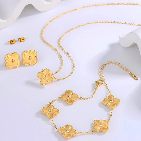 Gold Plated Set Of Gold Anti Tarnish Clover Jewellery Set For Girls And Women