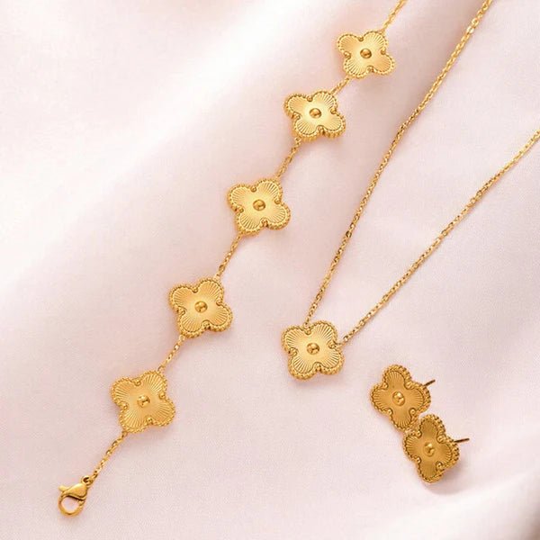 Gold Plated Set Of Gold Anti Tarnish Clover Jewellery Set For Girls And Women