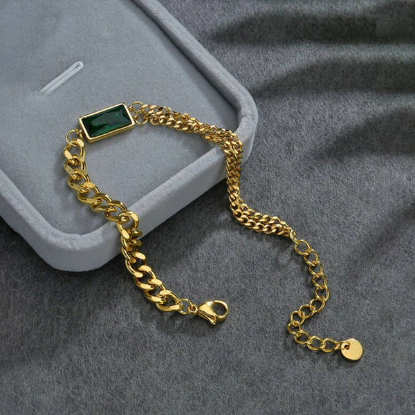 Gold Platted Green Stone with Chain Anti Tarnish Bracelet