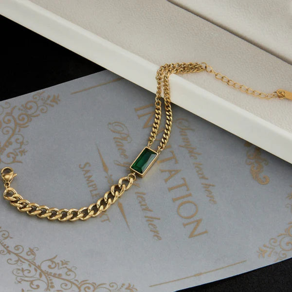 Gold Platted Green Stone with Chain Anti Tarnish Bracelet