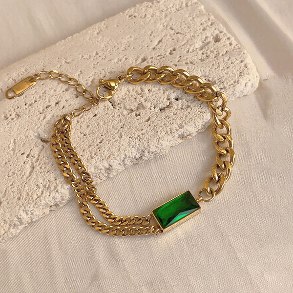 Gold Platted Green Stone with Chain Anti Tarnish Bracelet
