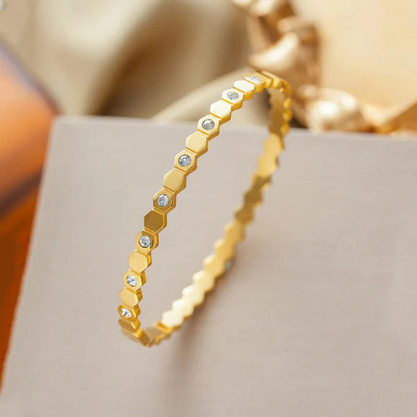 Gold-Plated AD Bangle-Style Hexagonal Anti Tarnish Bracelet