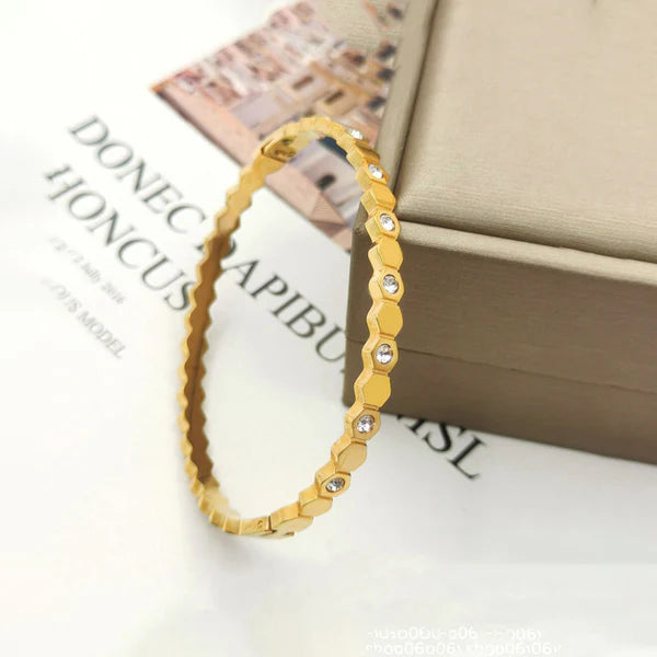 Gold-Plated AD Bangle-Style Hexagonal Anti Tarnish Bracelet