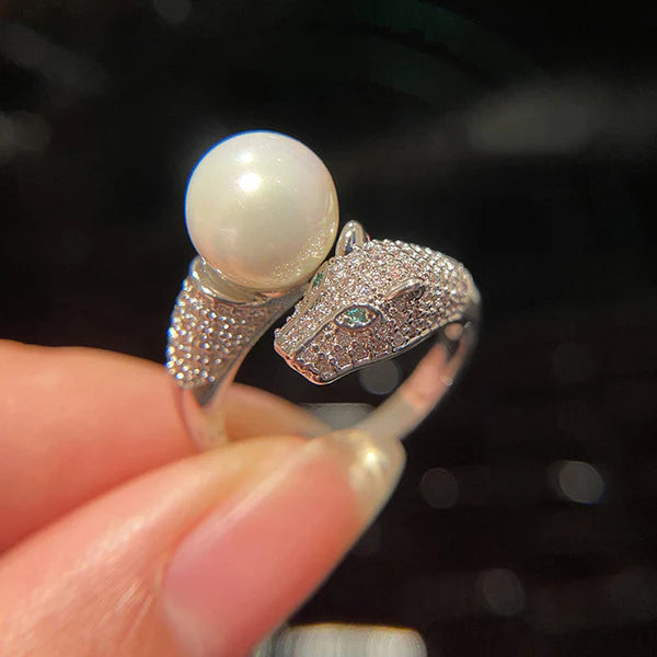Silver Plated Anti Tarnish Pearl Studded Silver Jaguar Themed Finger Ring