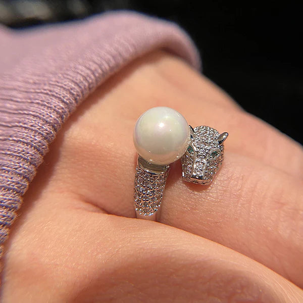 Silver Plated Anti Tarnish Pearl Studded Silver Jaguar Themed Finger Ring