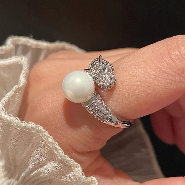 Silver Plated Anti Tarnish Pearl Studded Silver Jaguar Themed Finger Ring