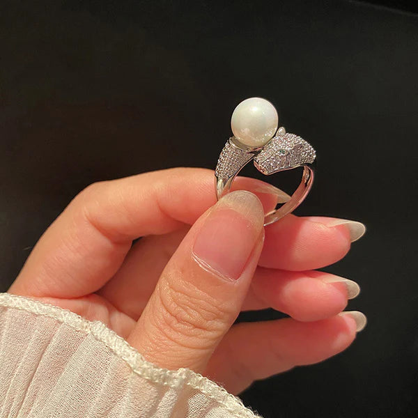 Silver Plated Anti Tarnish Pearl Studded Silver Jaguar Themed Finger Ring