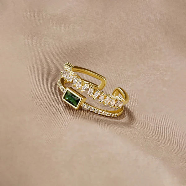 Gold Plated Anti Tarnish Green Emerald Studded Adjustable Finger Ring