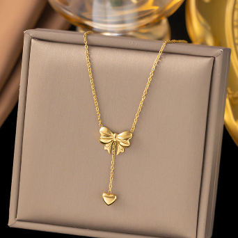 Bow Pendant With Heart Drop Necklace