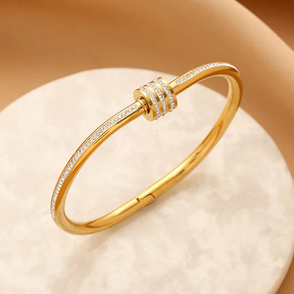 Gold Plated American Diamond Studded Bangle Style Anti-Tarnish Bracelet For Women