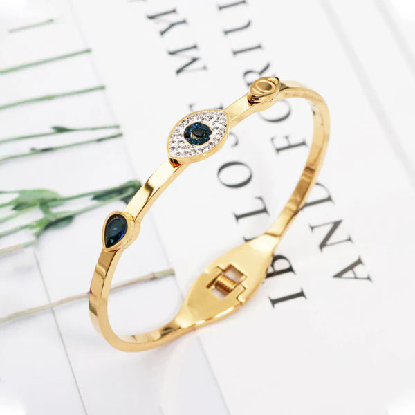 Gold-Plated American Diamond Evil Eye Bangle-Style Anti-Tarnish Bracelet For Women