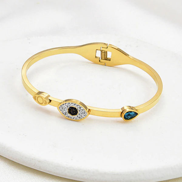 Gold-Plated American Diamond Evil Eye Bangle-Style Anti-Tarnish Bracelet For Women