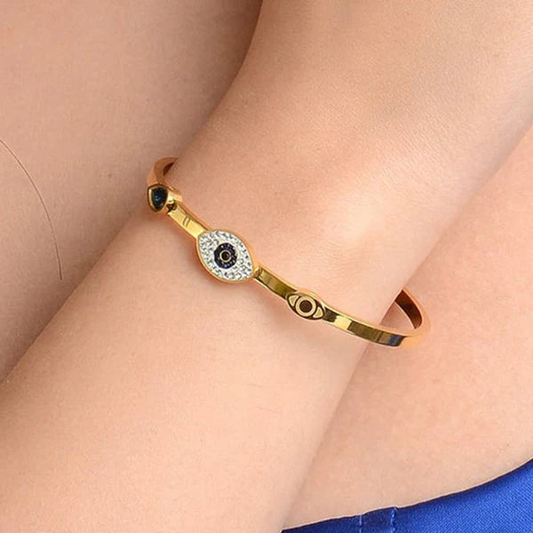 Gold-Plated American Diamond Evil Eye Bangle-Style Anti-Tarnish Bracelet For Women