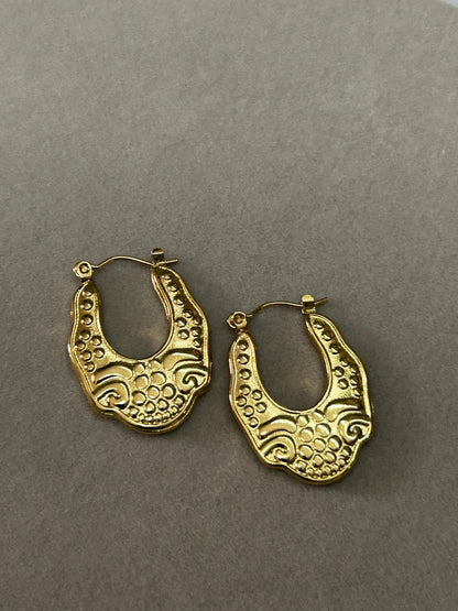 Vintage Scroll Textured Gold Hoop Earrings