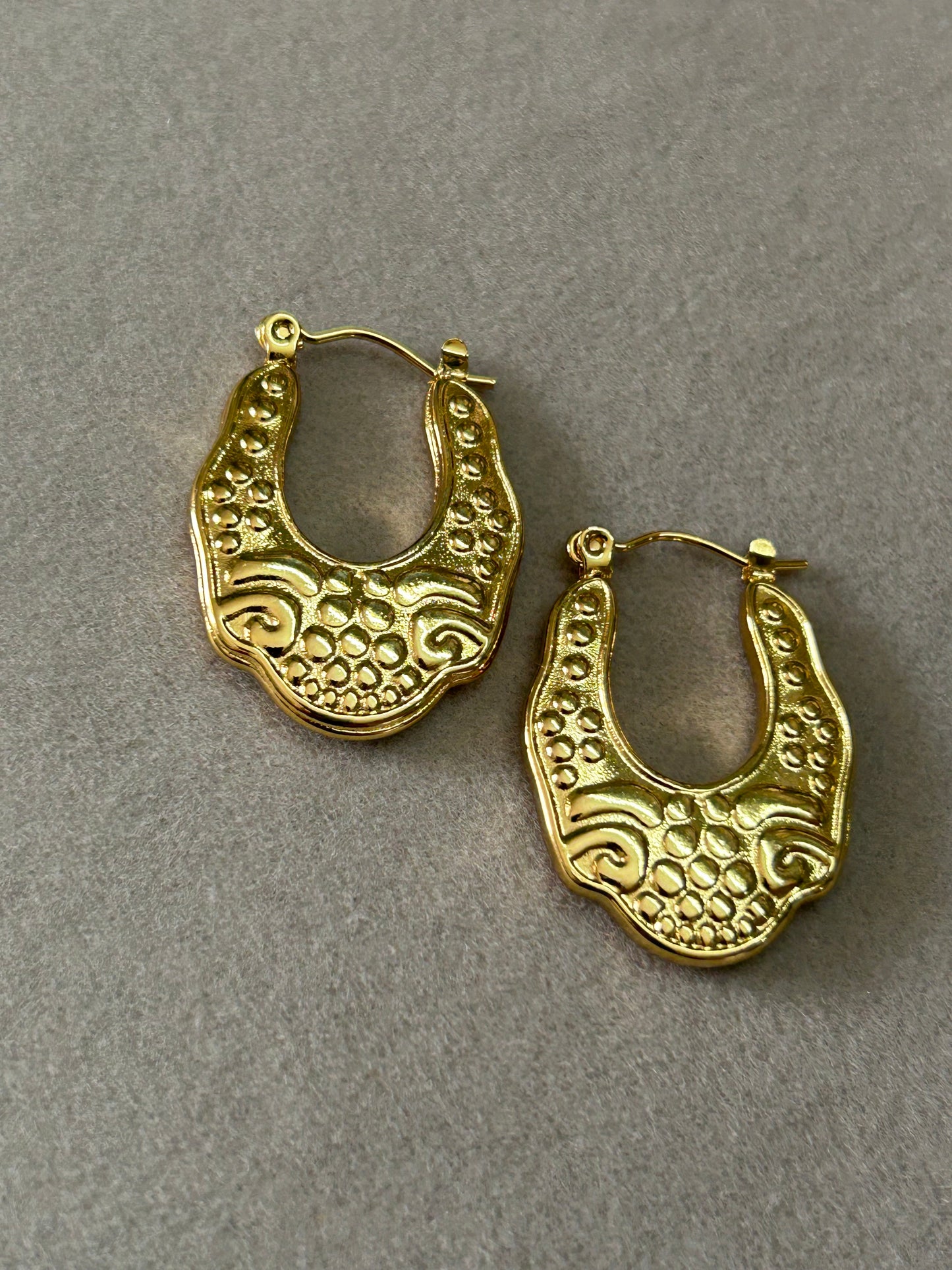 Vintage Scroll Textured Gold Hoop Earrings