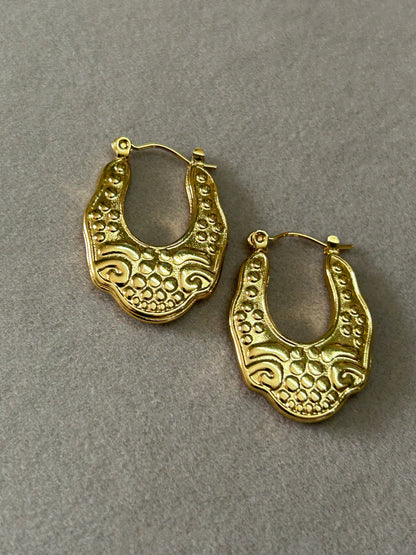 Vintage Scroll Textured Gold Hoop Earrings