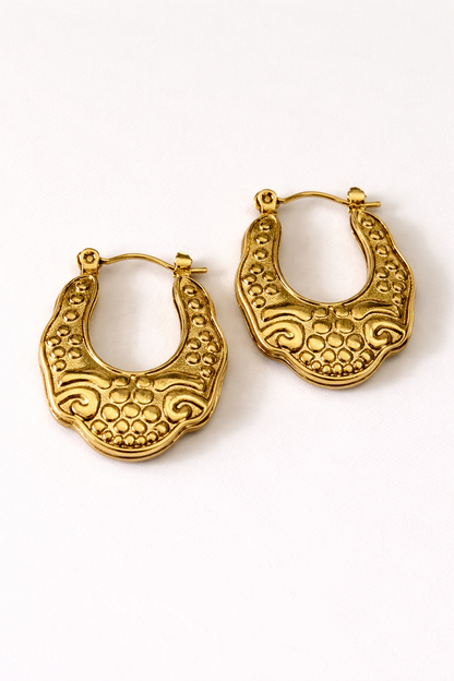 Vintage Scroll Textured Gold Hoop Earrings