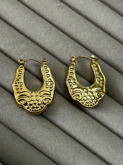 Vintage Scroll Textured Gold Hoop Earrings