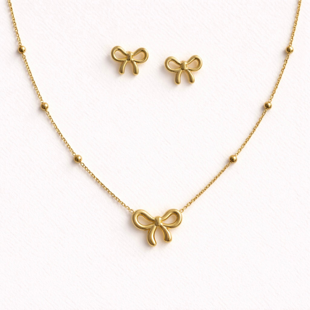 Gold Plated Anti Tarnish Bow Themed Jewellery Set