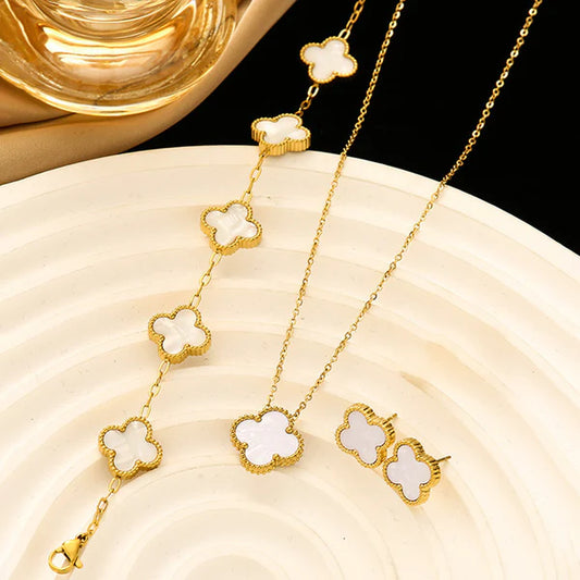 Gold Plated Set Of White Anti Tarnish Clover Jewellery Set For Girls And Women