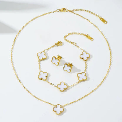 Gold Plated Set Of White Anti Tarnish Clover Jewellery Set For Girls And Women