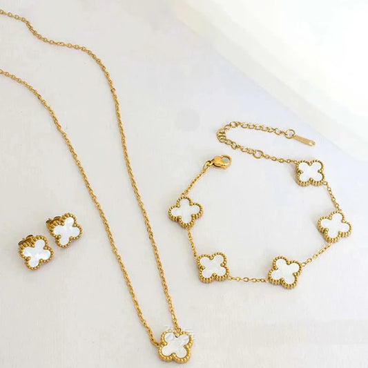 Gold Plated Set Of White Anti Tarnish Clover Jewellery Set For Girls And Women