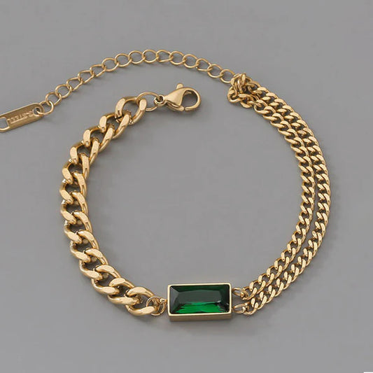 Gold Platted Green Stone with Chain Anti Tarnish Bracelet
