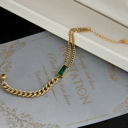 Gold Platted Green Stone with Chain Anti Tarnish Bracelet