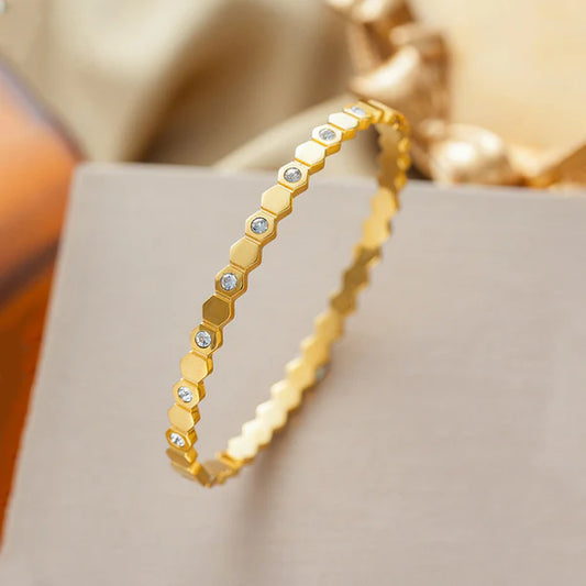 Gold-Plated AD Bangle-Style Hexagonal Anti Tarnish Bracelet