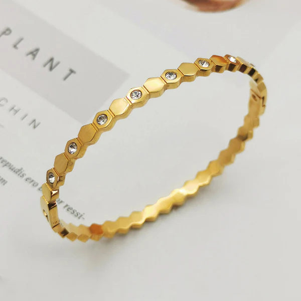 Gold-Plated AD Bangle-Style Hexagonal Anti Tarnish Bracelet