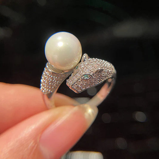Silver Plated Anti Tarnish Pearl Studded Silver Jaguar Themed Finger Ring