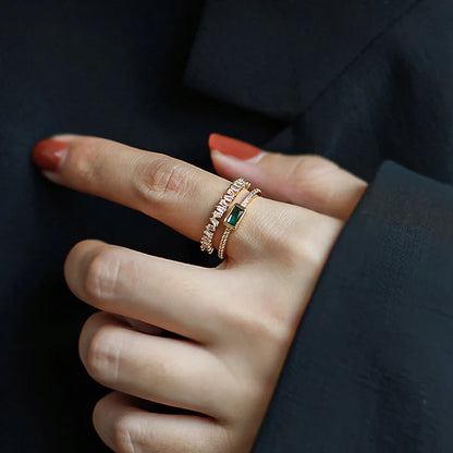 Gold Plated Anti Tarnish Green Emerald Studded Adjustable Finger Ring