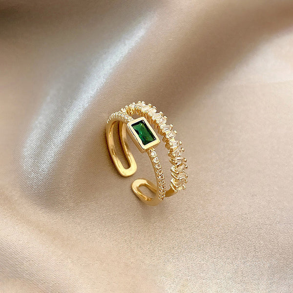 Gold Plated Anti Tarnish Green Emerald Studded Adjustable Finger Ring