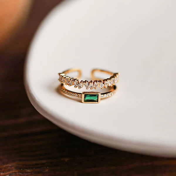 Gold Plated Anti Tarnish Green Emerald Studded Adjustable Finger Ring