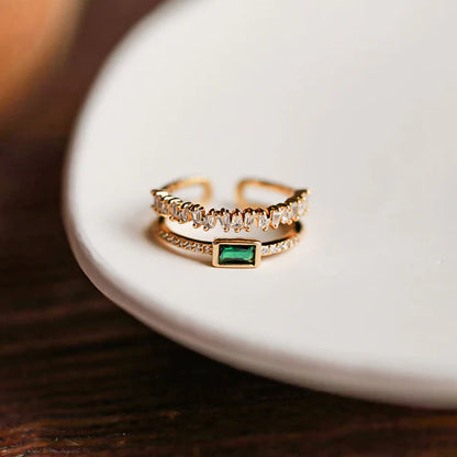 Gold Plated Anti Tarnish Green Emerald Studded Adjustable Finger Ring