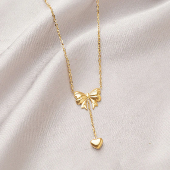 Bow Pendant With Heart Drop Necklace