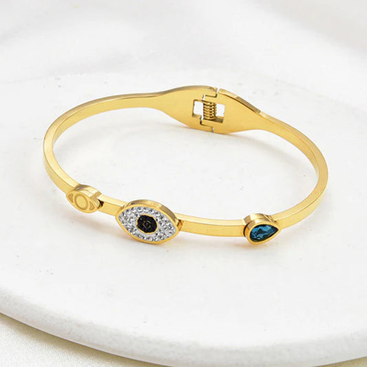 Gold-Plated American Diamond Evil Eye Bangle-Style Anti-Tarnish Bracelet For Women